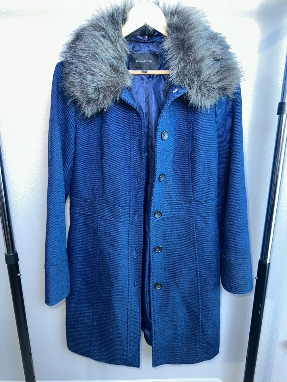 Banana Republic Women’s Blue Lined Mid-Length Overcoat Faux Fur Trim Size S